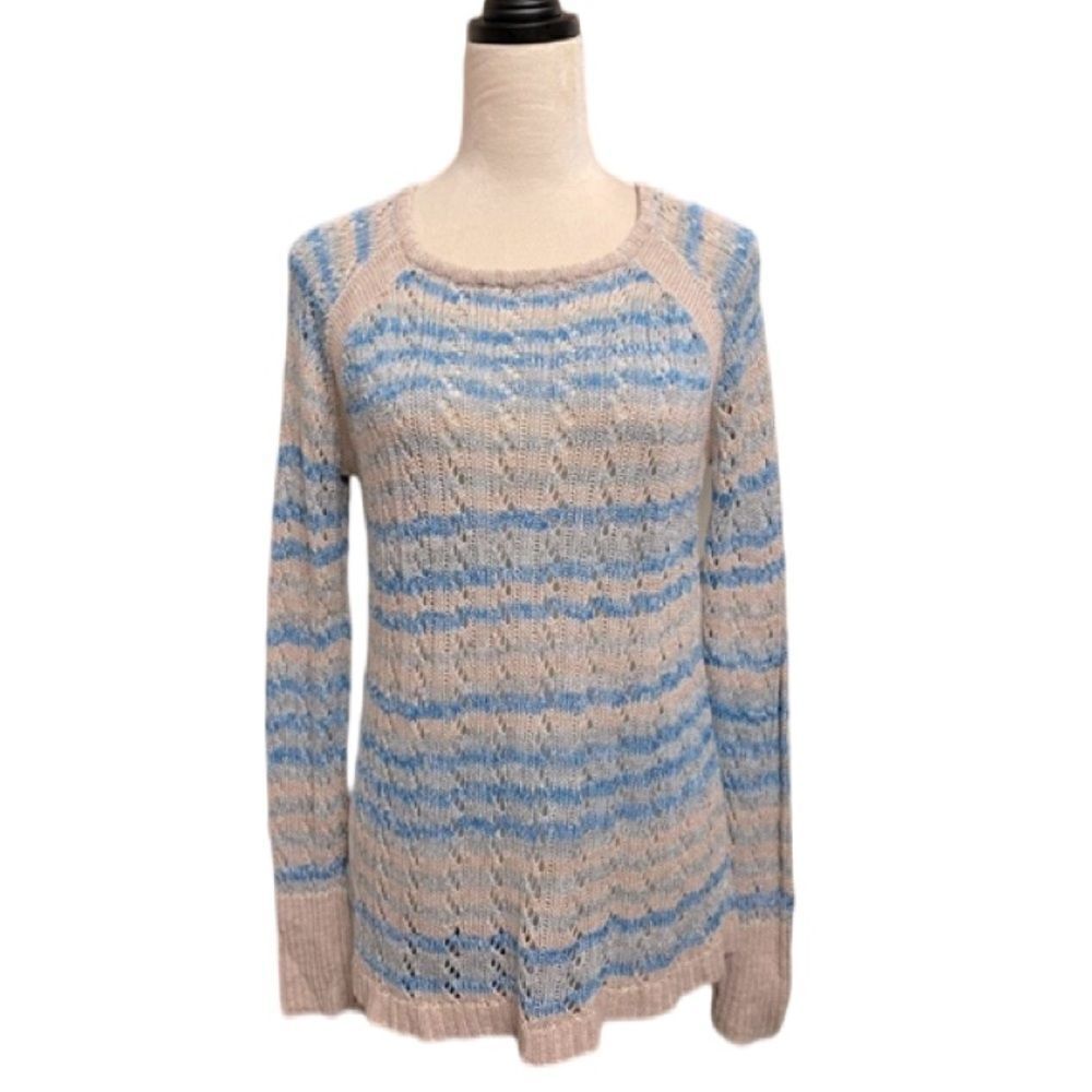 Love Stitch Cream, Blue/Tan Knit Pullover Crewneck Sweater (Size: Medium)